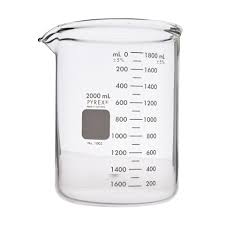 PYREX 2000 mL heavy wall glass beaker used in science and laboratory settings, with clear measurement markings and sturdy construction.