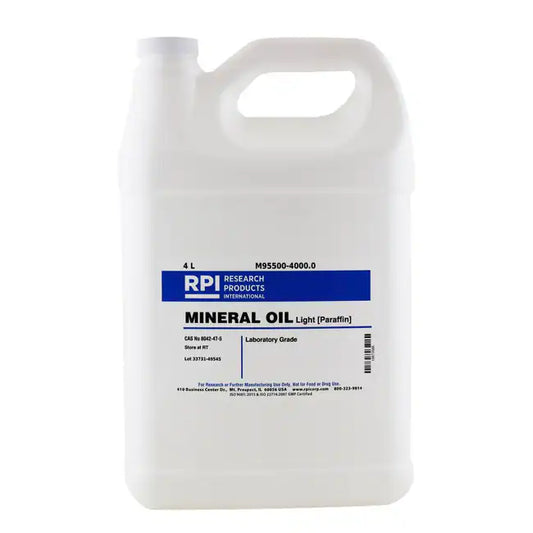 RPI Light Mineral Oil NF Grade in 4000 mL bottle, used for scientific and laboratory applications, by Pasteur Pharmacy.