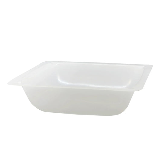 Small white disposable weighing boats for lab use, by Pasteur Pharmacy, shown in a pack of 2500 on a laboratory countertop.