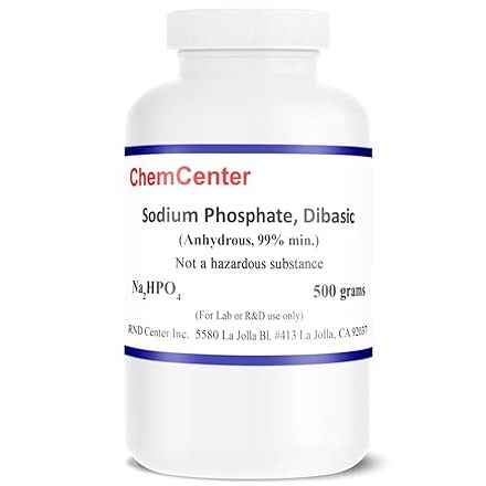 Sodium phosphate dibasic anhydrous powder in a container, used for science and laboratory applications, 500 grams.