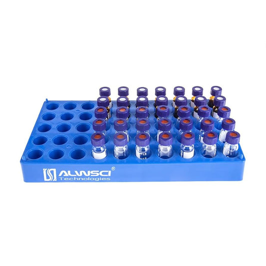 50-position science vial rack by Pasteur Pharmacy for laboratory use, holding multiple glass vials in a clear, organized manner.