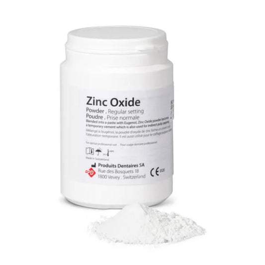 Zinc Oxide Powder, Dispensing Grade, 500g, from Pasteur Pharmacy, shown in a laboratory setting with a white container and measuring tools.
