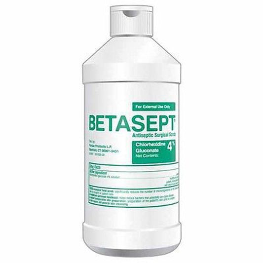 Pasteur Pharmacy Betasept Antiseptic Surgical Scrub 4% in an 8 oz bottle, used for surgical skin preparation and antiseptic hand cleansing.