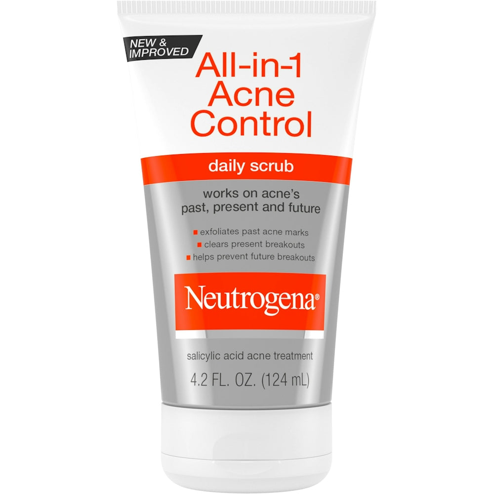 Neutrogena All In 1 Acne Control Daily Scrub in 4.2 oz tube, skincare product for acne treatment and facial cleansing.
