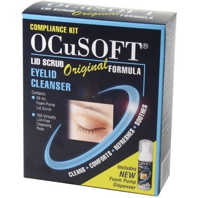 OCuSOFT Eye Lid Scrub Foam Compliance Kit by Pasteur Pharmacy, 50 ml, with foam scrub for eyelid hygiene and eye care.