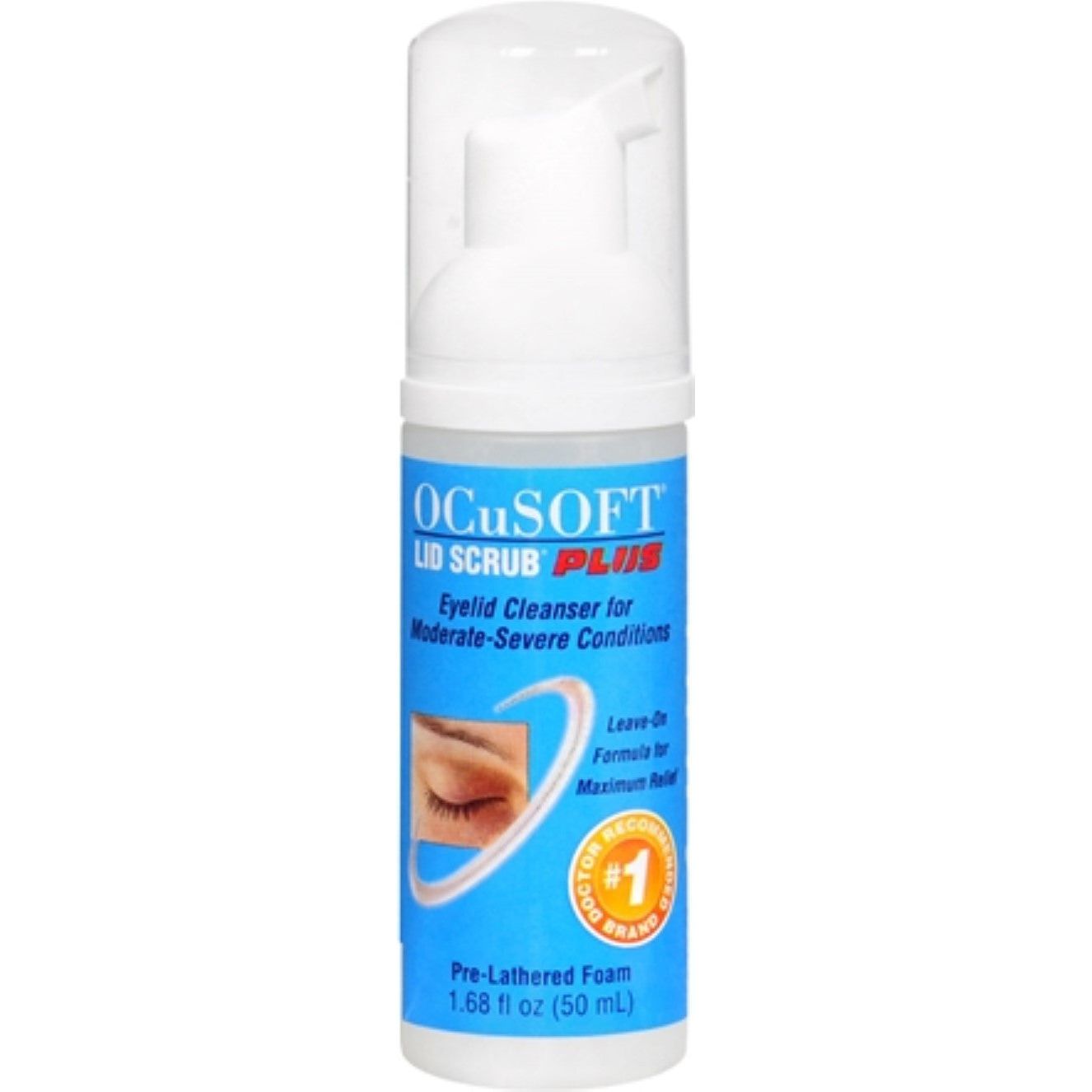 Foaming eyelid cleanser in a 50ml bottle, OCuSOFT Lid Scrub Plus, used for eyelid hygiene and eyelid scrub care.