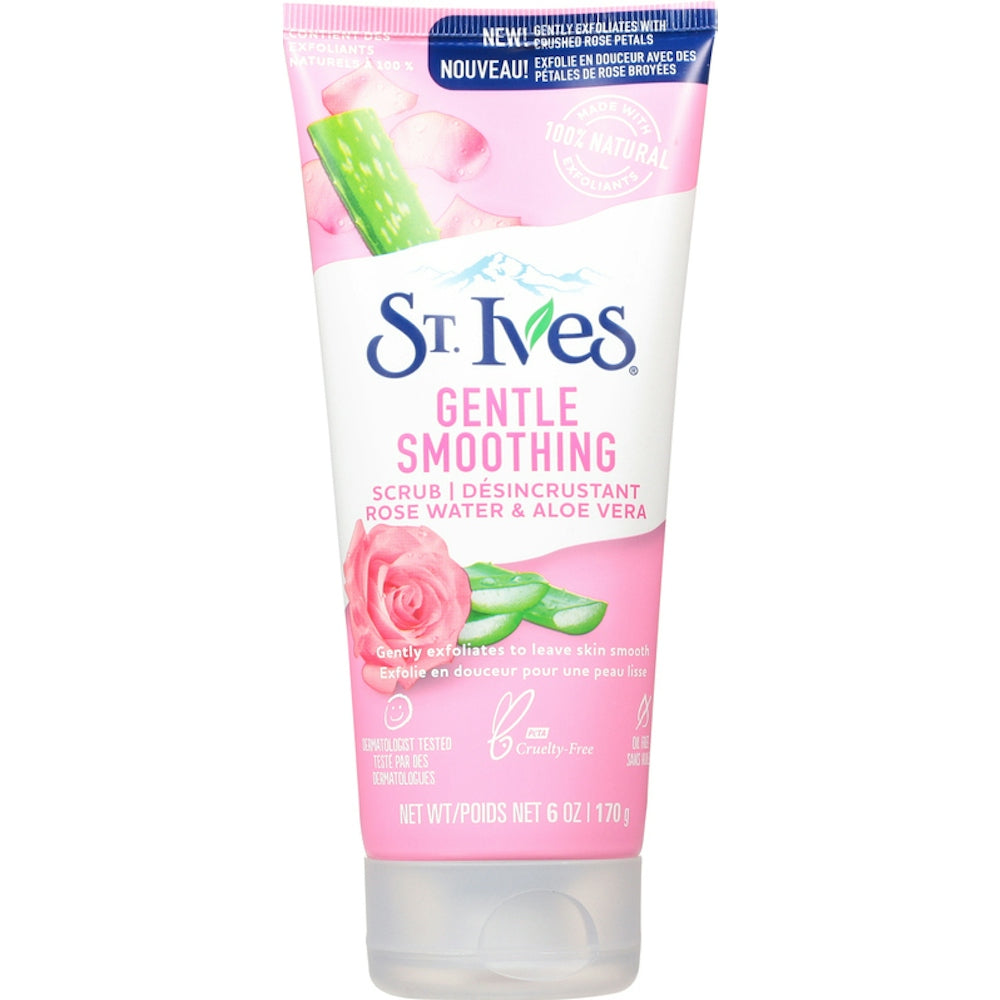 St. Ives Gentle Smoothing Face Scrub with Rose Water and Aloe Vera in 6 oz container, natural skincare product for face.