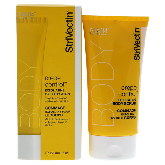StriVectin Crepe Control Exfoliating Body Scrub in 5 oz jar, featuring textured surface and creamy consistency for skin smoothing.