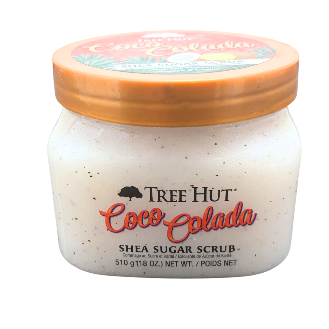 Tree Hut Coco Colada Shea Sugar Body Scrub in 18oz jar, featuring coconut and piña colada scent with exfoliating sugar crystals.