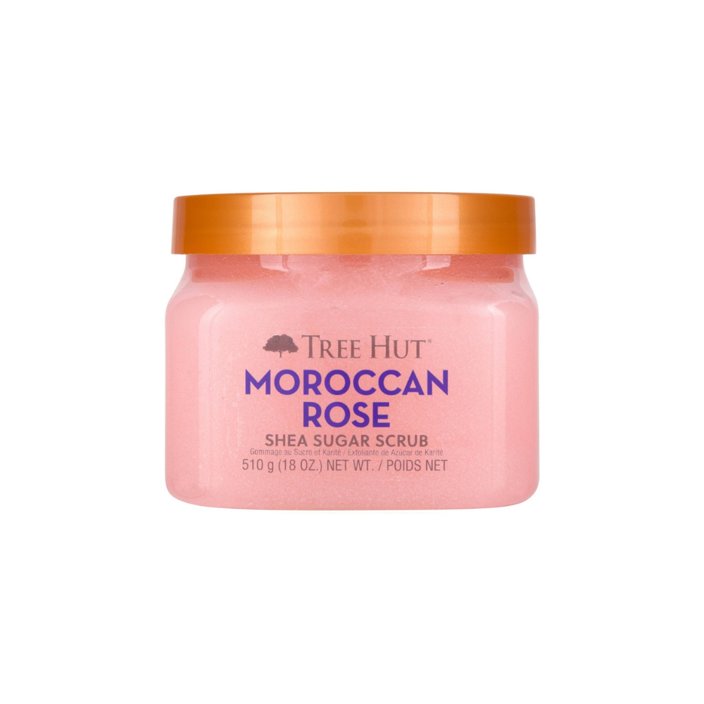 Tree Hut Moroccan Rose Shea Sugar Body Scrub in an 18oz jar, showing the textured scrub with rose-scented ingredients.