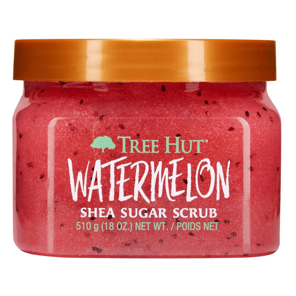 Tree Hut Watermelon Shea Sugar Body Scrub in 18oz jar, featuring pink watermelon scent and exfoliating sugar granules.
