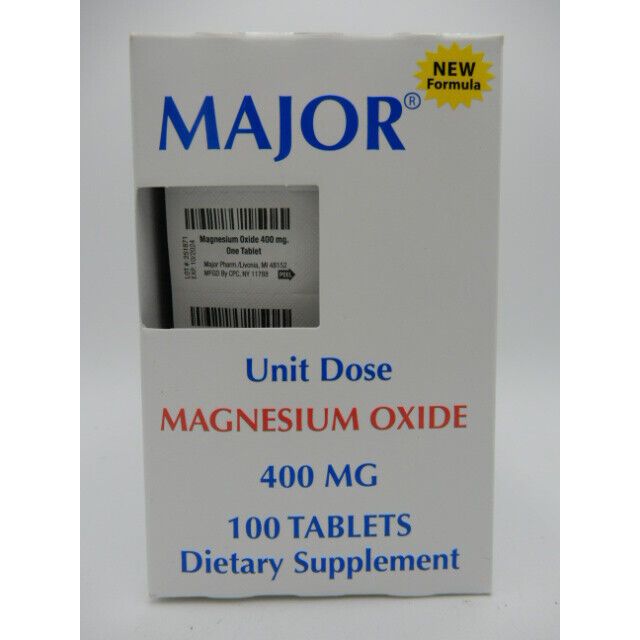 Sectional sofa units with a focus on Major Magnesium Oxide 400mg unit dose tablets, displayed in a clinical setting.