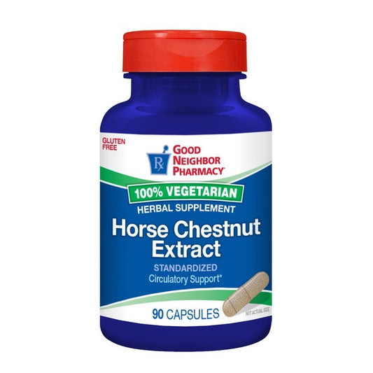 Pasteur Pharmacy Horse Chestnut Seed Extract Capsules, 90 count, in a clear container showing the seed capsules.