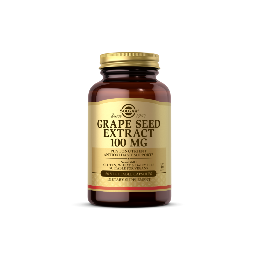 Solgar Grape Seed Extract capsules in a bottle, showing the vegetable capsules with label details for dietary supplement.