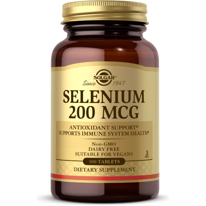 Solgar Selenium 200 mcg supplement in a bottle of 100 tablets, natural dietary mineral supplement for immune support