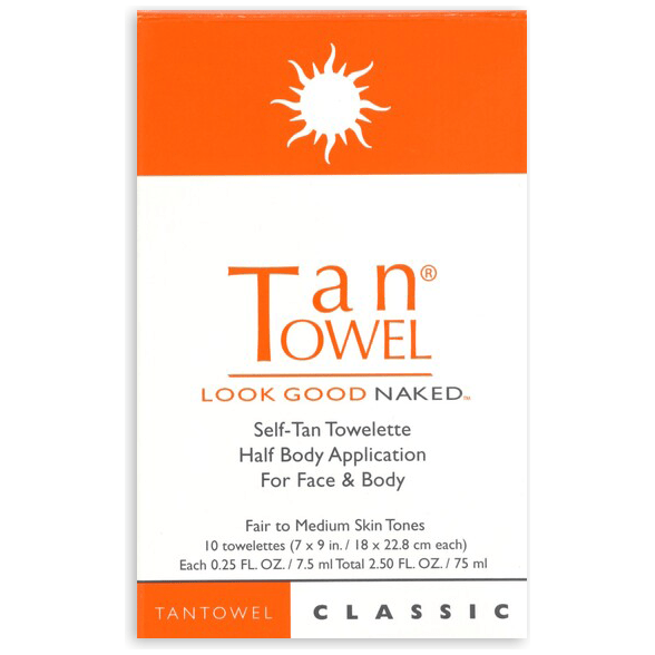 Tan Towel Classic Self-Tan Towelette for fair to medium skin tones, 10-pack by Pasteur Pharmacy, showing the individually wrapped towelettes.