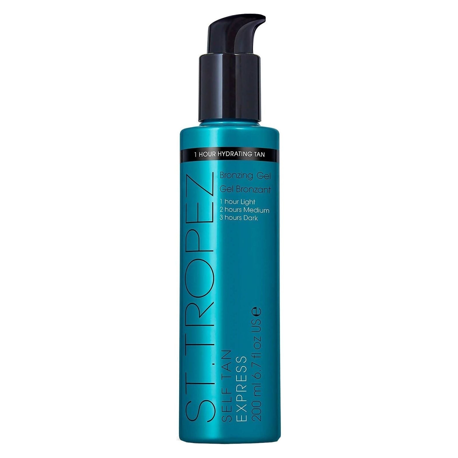 St. Tropez Self Tan Express Bronzing Gel by Pasteur Pharmacy, 6.7 oz, showing the gel container with tan-colored product inside.