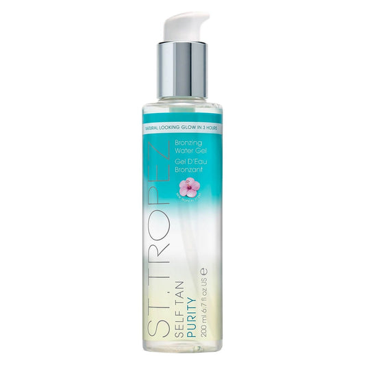 St. Tropez Self Tan Purity Bronzing Water Gel in a 6.7 oz bottle, natural self-tanning gel with a clear, hydrating formula
