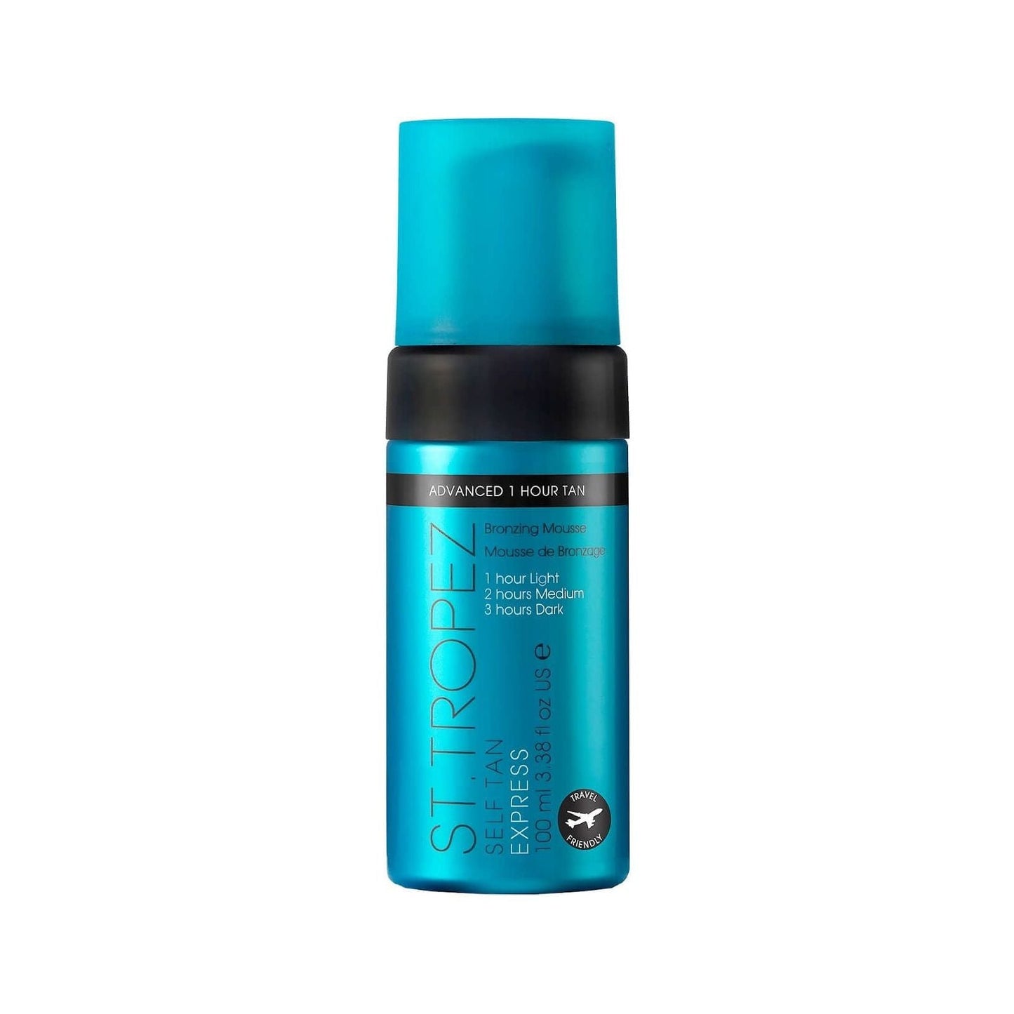St. Tropez Self Tan Express Advanced Bronzing Mousse in 3.38 oz travel size, pastel packaging with a pump dispenser
