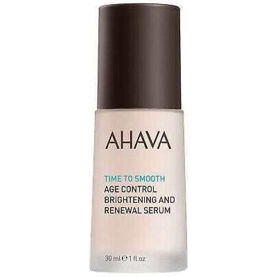 Ahava Time To Smooth Age Control Brightening and Renewal Serum in 1 oz bottle, featuring a sleek dropper and clear packaging.