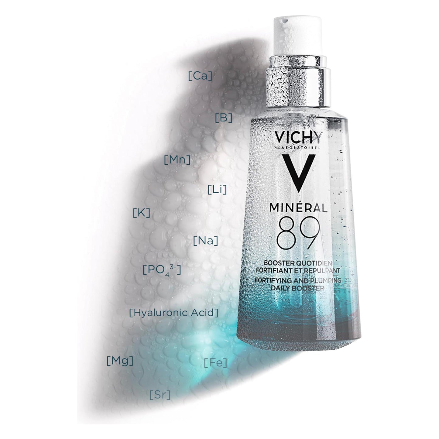 Vichy Mineral 89 Hyaluronic Acid Booster Serum in 50ml bottle, clear glass container with dropper for hydrating skincare.