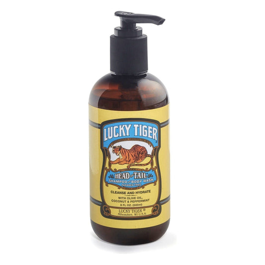 Lucky Tiger Shampoo and Body Wash in 8oz bottle, natural hair and body cleanser by Pasteur Pharmacy.