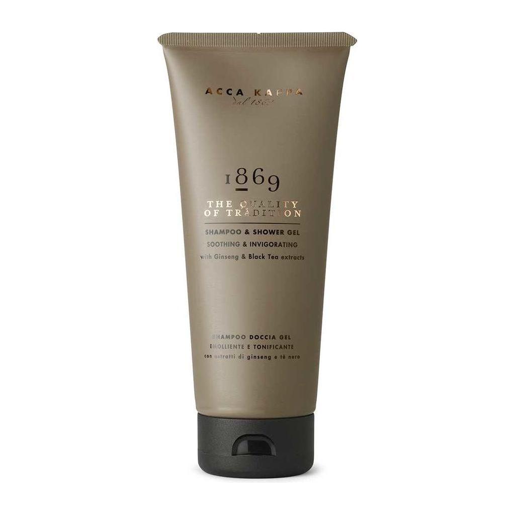 Acca Kappa 1869 shampoo and shower gel in 200ml bottle, natural ingredients, and elegant packaging.