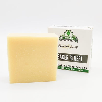 Stirling Soap Co. Baker Street Shampoo Bar, 3.8 oz, natural solid shampoo bar with label and packaging from Pasteur Pharmacy.