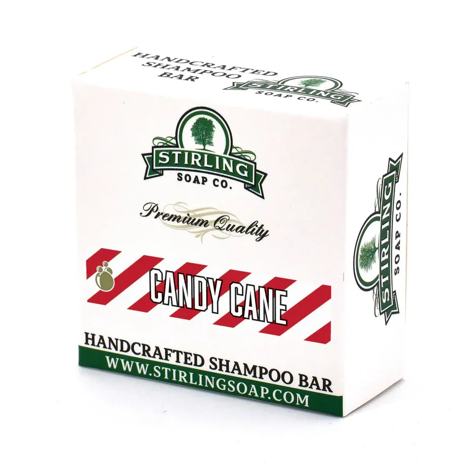 Pasteur Pharmacy Stirling Soap Co. Candy Cane Shampoo Bar 3.8 oz showing a festive red and white wrapped shampoo bar on a clean surface.