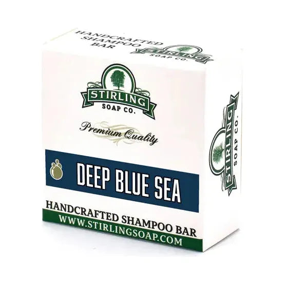Deep Blue Sea shampoo bar by Stirling Soap Co. in a 3.8 oz package, natural soap bar for hair cleansing.