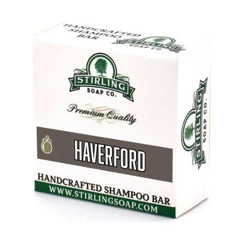 Pasteur Pharmacy Stirling Soap Co. Haverford Shampoo Bar 3.8 oz, natural solid shampoo bar for hair cleansing, in packaging.