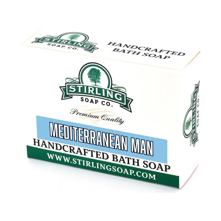 Stirling Soap Co. Mediterranean Man Shampoo Bar 3.8 oz, natural shampoo bar for men's hair care, with herbal ingredients.