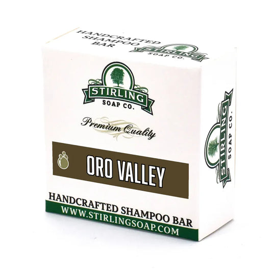 Pasteur Pharmacy Stirling Soap Co. Oro Valley Shampoo Bar 3.8 oz, natural shampoo bar with herbal ingredients, in a clear wrapper.