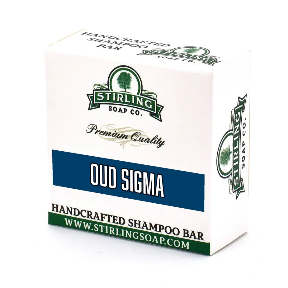 Stirling Soap Co. Oud Sigma Shampoo Bar 3.8 oz, natural solid shampoo bar with oud scent, in black packaging.