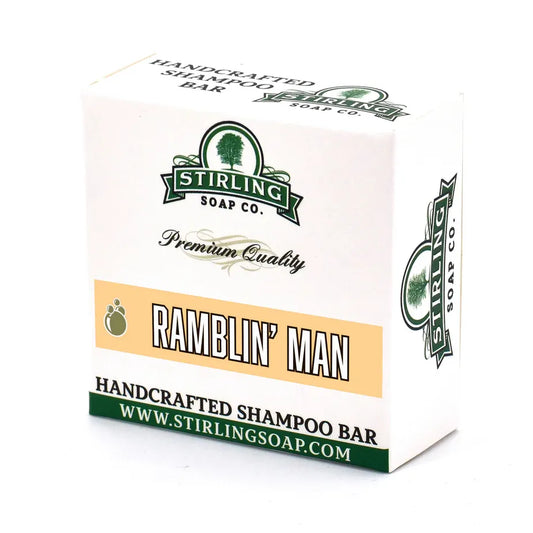 Pasteur Pharmacy Stirling Soap Co. Ramblin' Man Shampoo Bar, 3.8 oz, natural solid shampoo bar with rugged packaging.