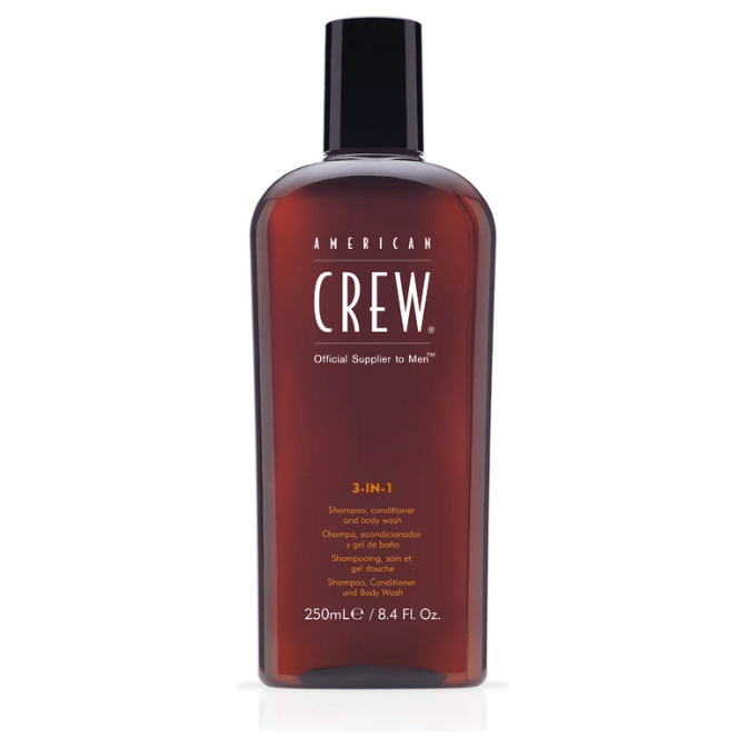 American Crew Classic 3-in-1 shampoo, conditioner, and body wash in an 8.4 fl oz bottle, designed for versatile hair and body cleansing.