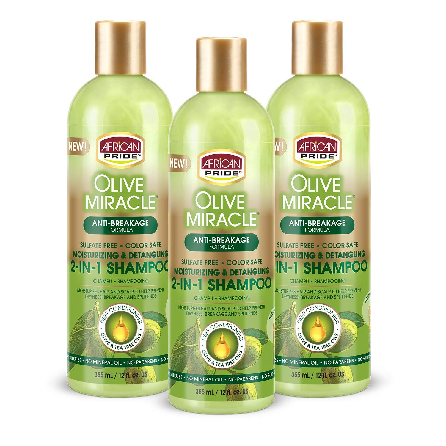 African Pride Olive Miracle 2-in-1 Shampoo and Conditioner by Pasteur Pharmacy with anti-breakage formula, showing the bottle.