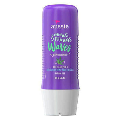 Aussie 3 Minute Miracle Waves Deep Conditioner in 8 oz bottle, creamy formula for enhancing wavy hair, displayed in a hair care product image.