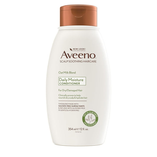 Aveeno Oat Milk Blend Moisturizing Conditioner for dry, damaged hair, in 12 fl oz bottle, designed for deep hydration.