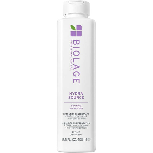 Biolage Hydra Source Shampoo 13.5 oz from Pasteur Pharmacy, hydrating shampoo for dry hair, with a clear bottle and blue label.