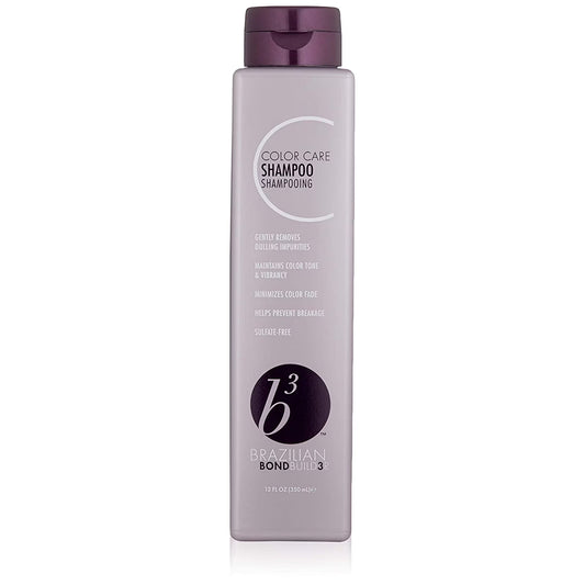 Brazilian Bond Builder B3 Color Care Shampoo from Pasteur Pharmacy, 12 oz bottle, with vibrant hair and shampoo lather visible.