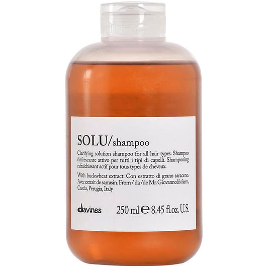 Davines SOLU Clarifying Shampoo in 250ml bottle, part of shampoo and conditioner collection, displayed with product label and packaging