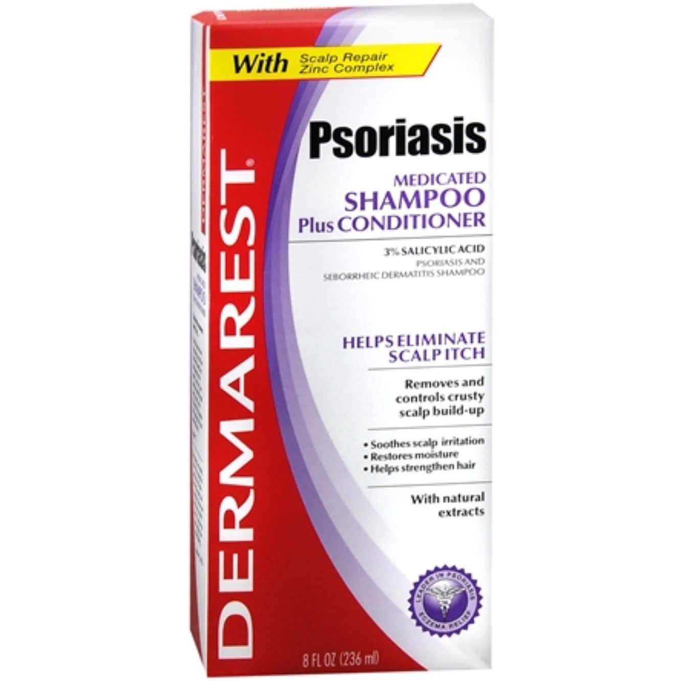 Dermarest Psoriasis Medicated Shampoo Plus Conditioner in 8 fl oz bottle, with label and pump dispenser, designed for scalp skin care.