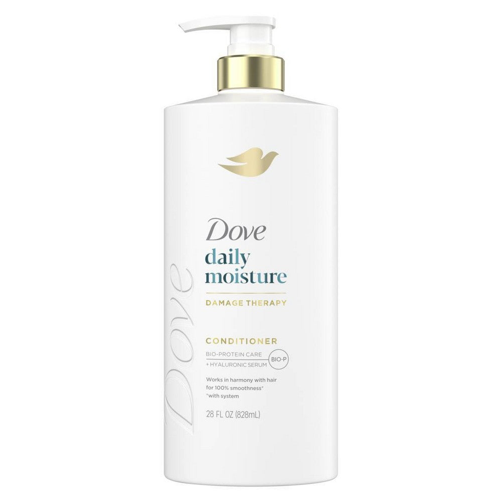 Dove ER Daily Moisture shampoo and conditioner for dry hair with bio-protein care and hyaluronic serum, 28 fl oz bottles.