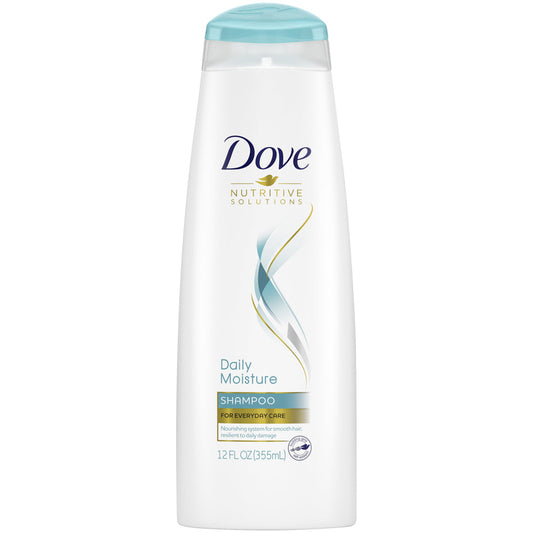 Dove Hair Therapy Nutritive Solutions Daily Moisture Shampoo in 12 Fl Oz bottle for nourishing hair and gentle cleansing.