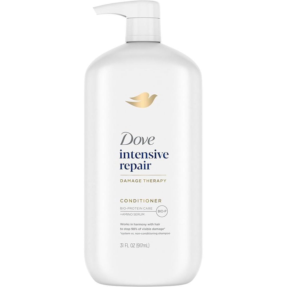Dove Intensive Repair Conditioner for damaged hair with Bio-Restore Complex, 28 oz, designed to repair and nourish damaged hair.