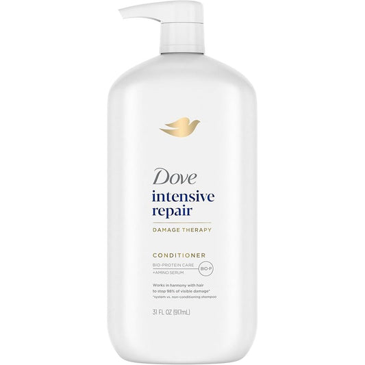 Dove Intensive Repair Conditioner for damaged hair with Bio-Restore Complex, 28 oz, designed to repair and nourish damaged hair.