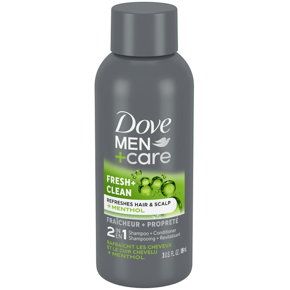 Dove Men+Care 2-in-1 shampoo and conditioner bottle with fresh and clean scent, designed for men's hair care.