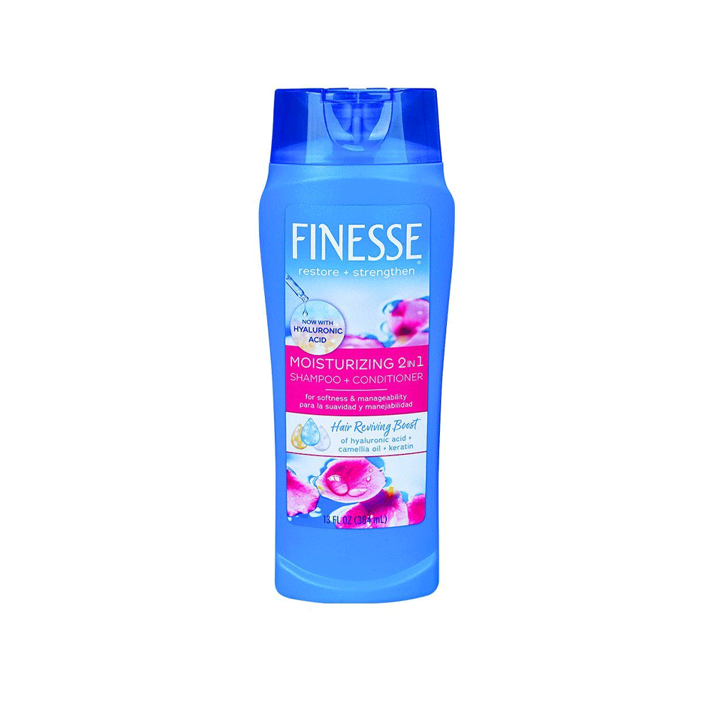Pasteur Pharmacy Finesse Moisturizing 2-in-1 shampoo and conditioner bottle, 13 fl oz, for hydrating hair care.