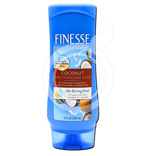 Finesse Moisturizing Coconut Conditioner in a 13 Fl Oz bottle, shampoo and conditioner by Pasteur Pharmacy with tropical coconut scent.